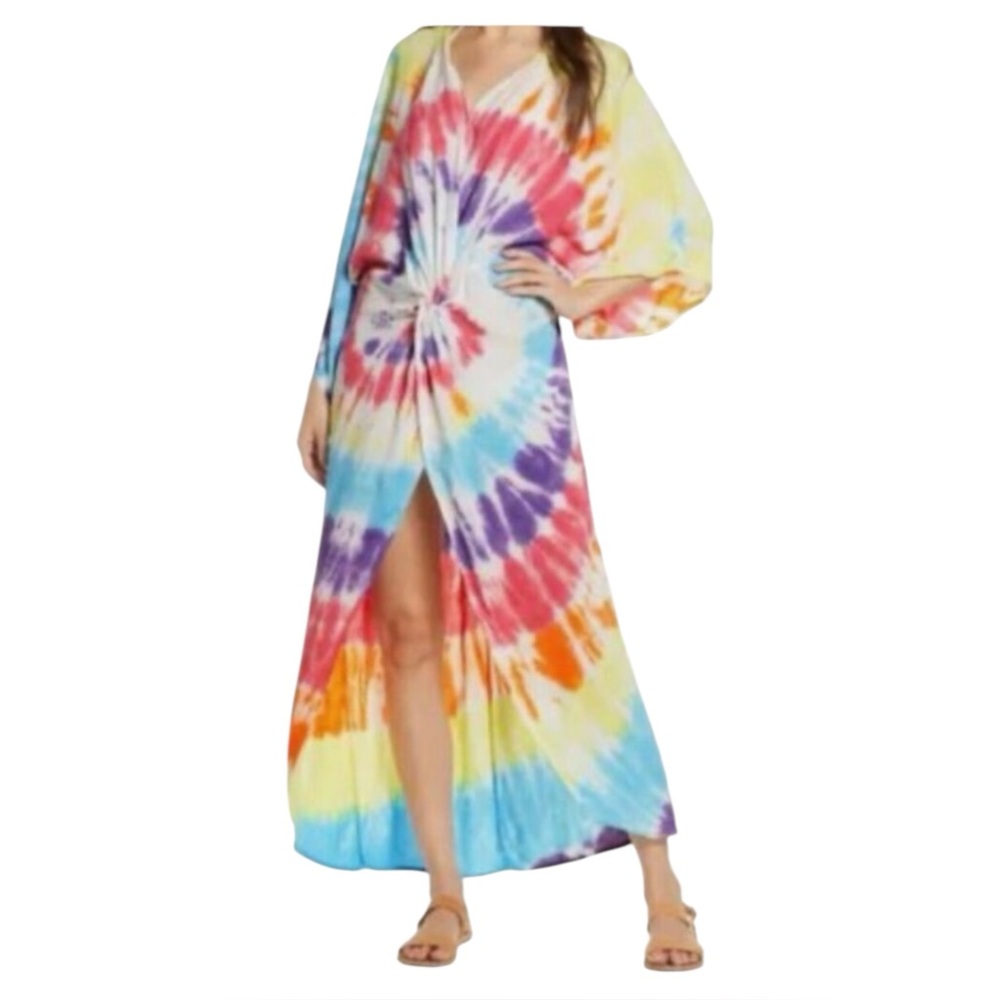 Surf Gypsy Rainbow Tie Dye Beach Dress Coverup Twist Knot Kaftan Maxi Midi Large